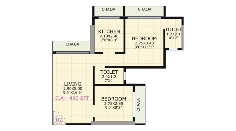 Gami-Jade-Floor-Plan-2 BHK-Unit-2-480-Sqft